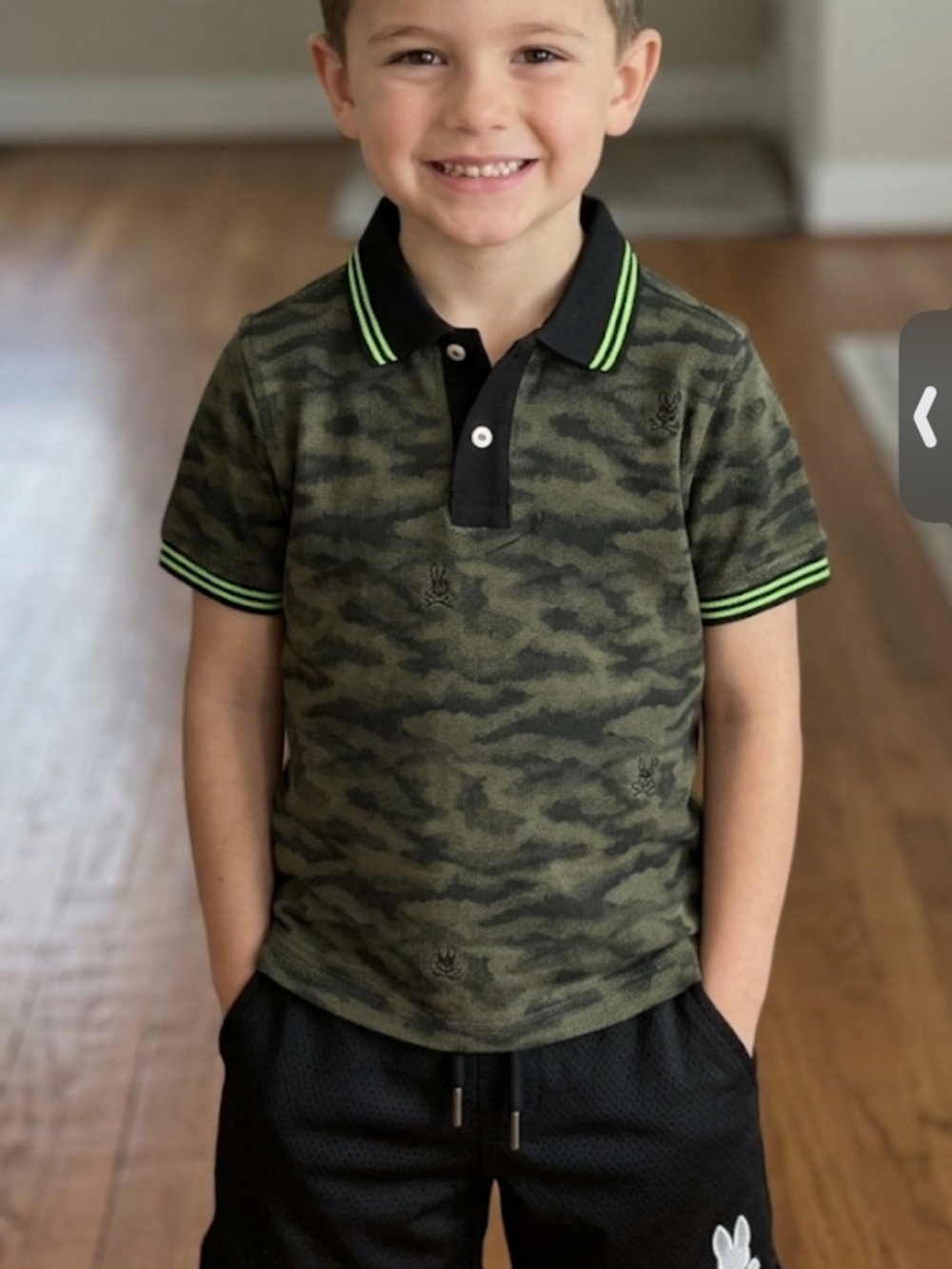 Psycho Bunny Olive Green Camo Polo with Neon Trim plus matching black shorts NWT